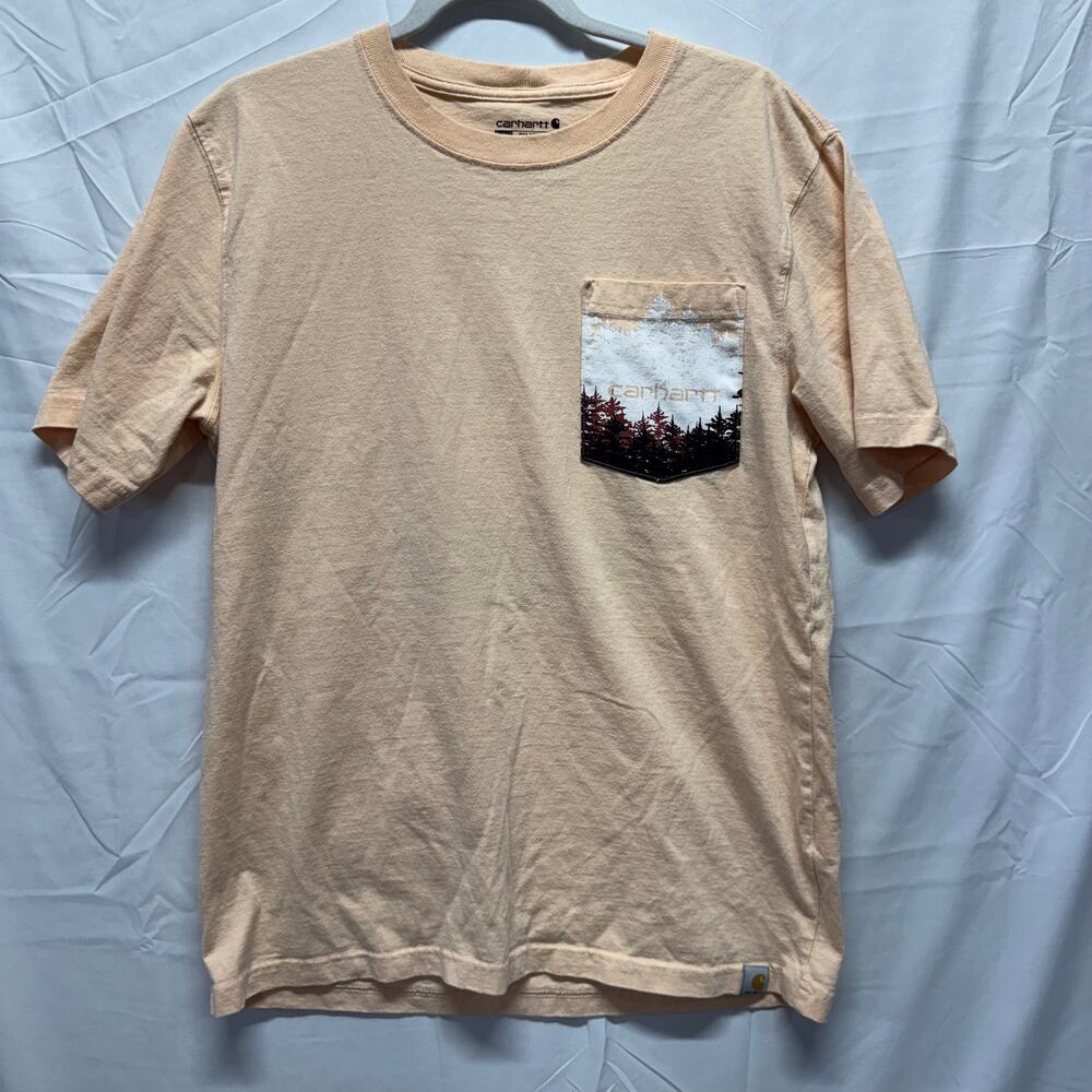 Carhartt Heavyweight Graphic Pocket T-Shirt Peach Orange Wooded Forest Mens M